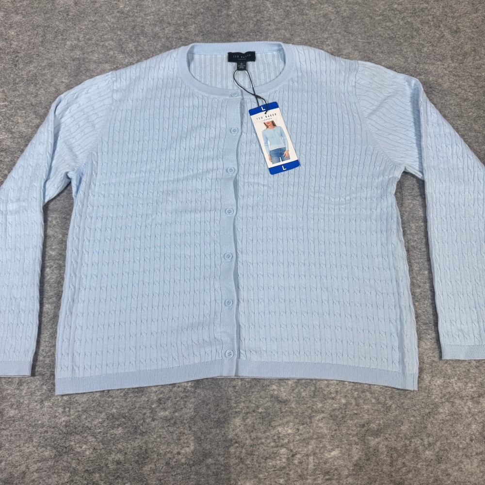 Ted Baker London Women L Light Blue Cable Knit 100% Cotton Button Cardigan NEW